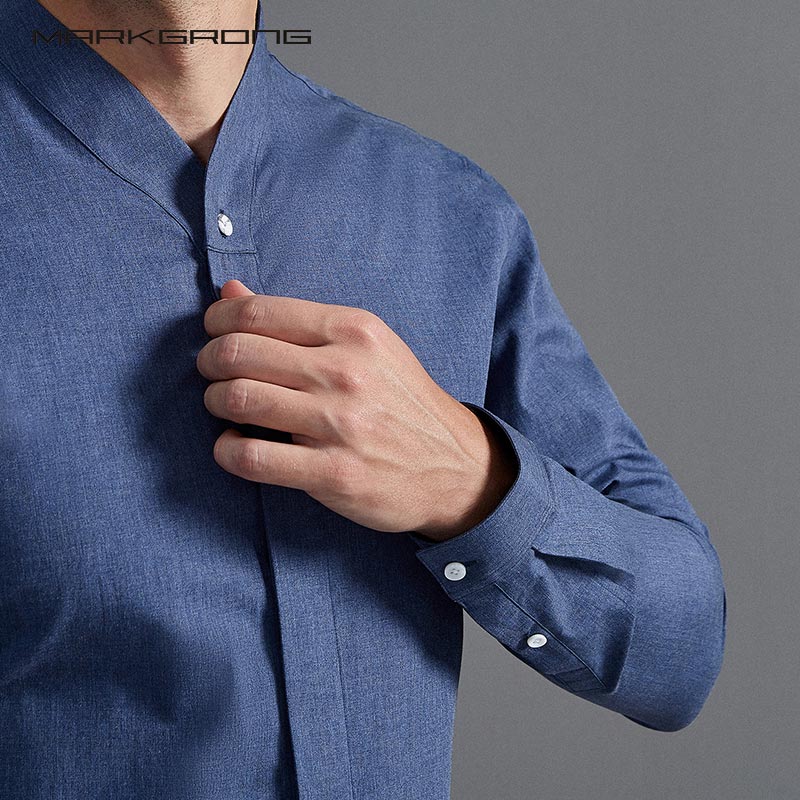 蓝色中式v领纯棉休闲衬衣