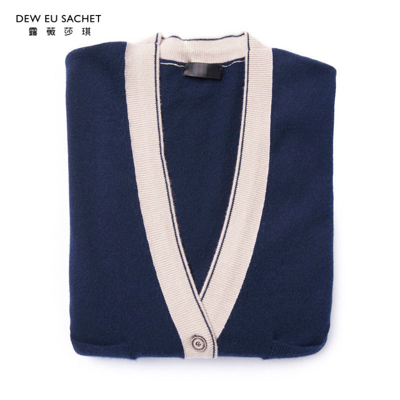 普蓝拼接色女士v领羊绒开衫