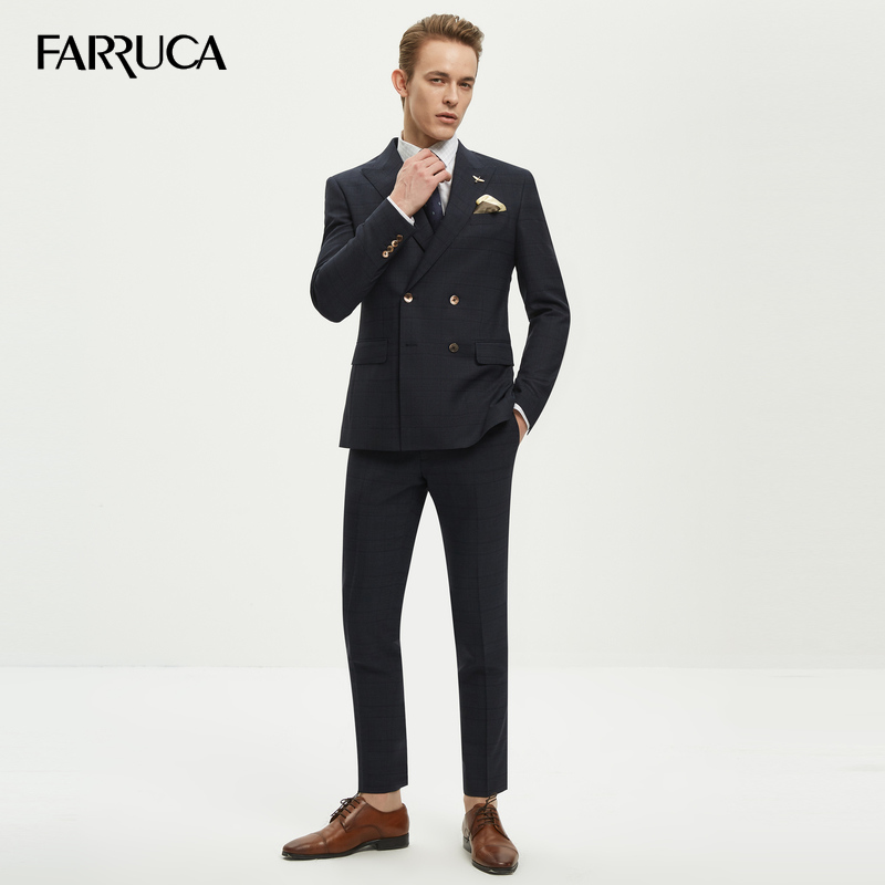 藏青色威尔士亲王格戗驳领全羊毛经典商务西装两件套