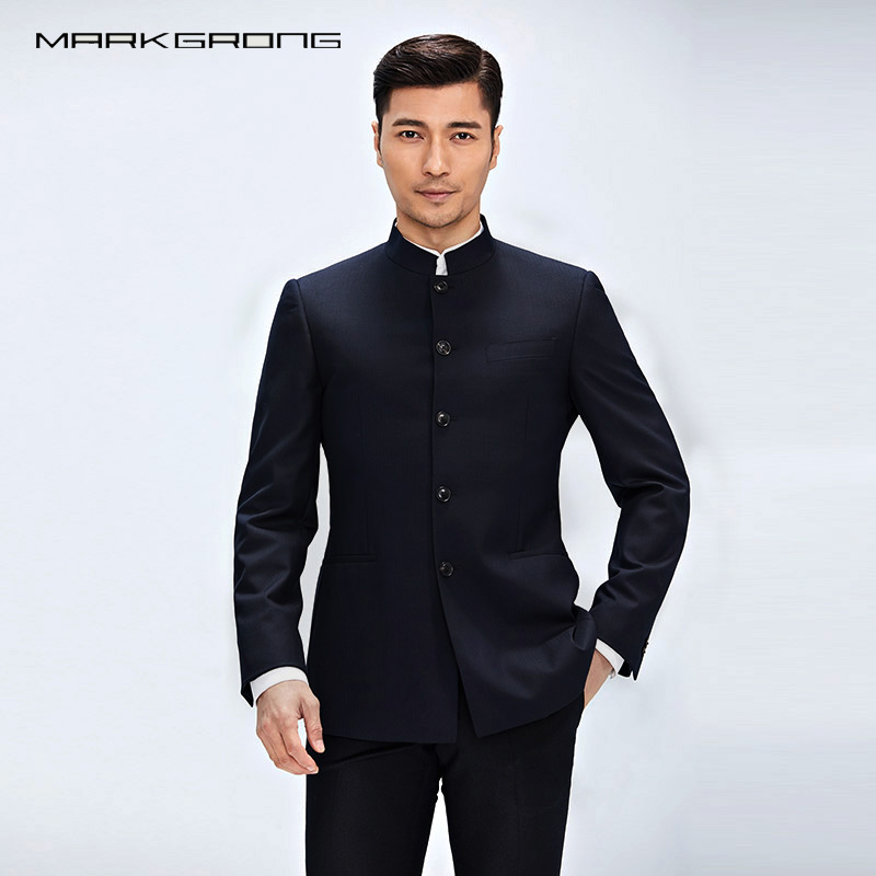 藏蓝色传统立领青年中山装套装