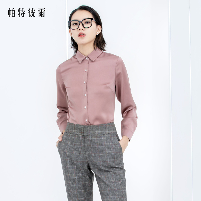 深粉色南韩丝时尚方领长袖衬衣