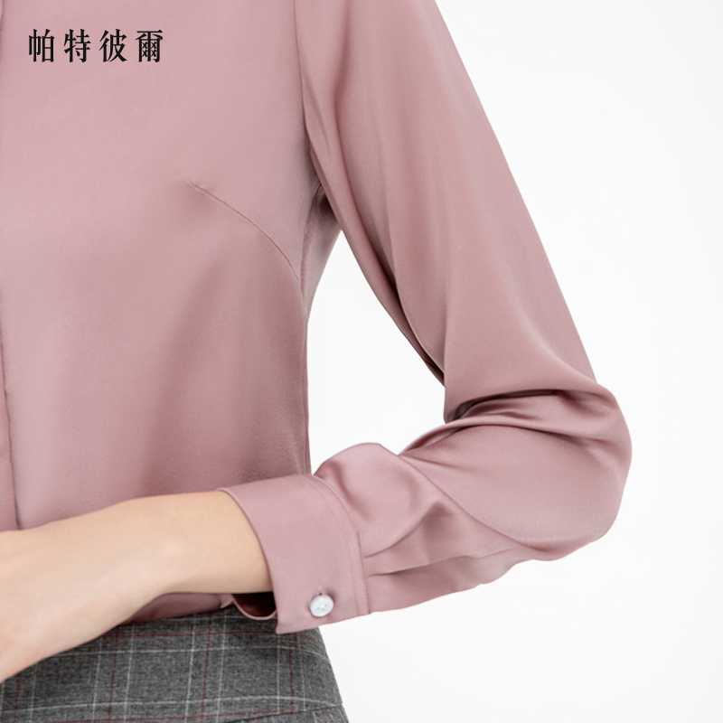 深粉色南韩丝时尚方领长袖衬衣
