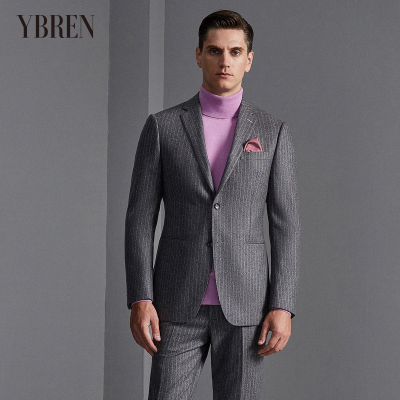 灰棕色条纹平驳领全羊毛经典商务西装两件套