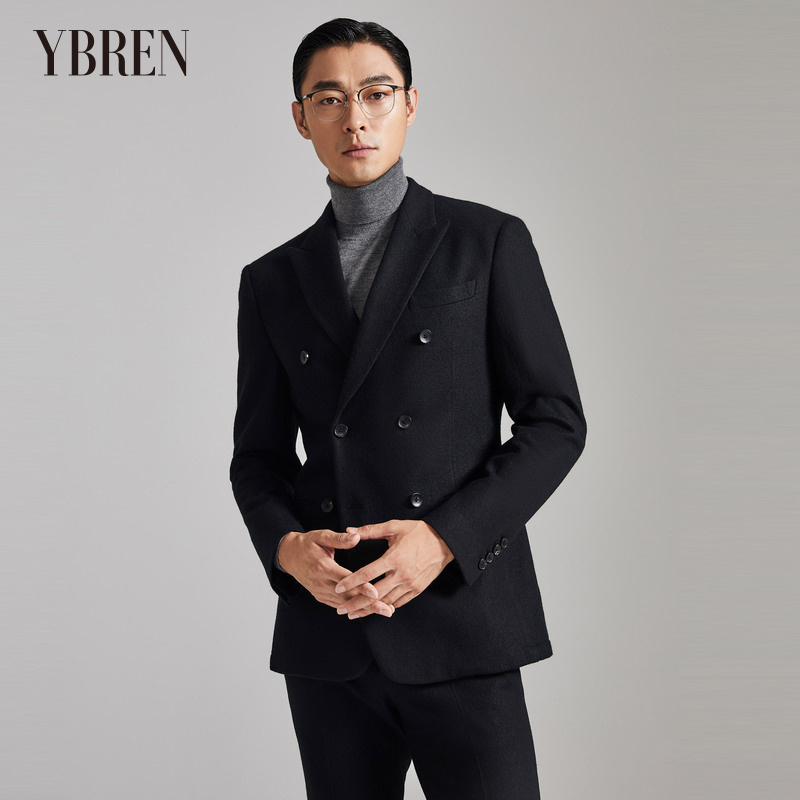 黑色戗驳领全羊毛经典商务西服两件套