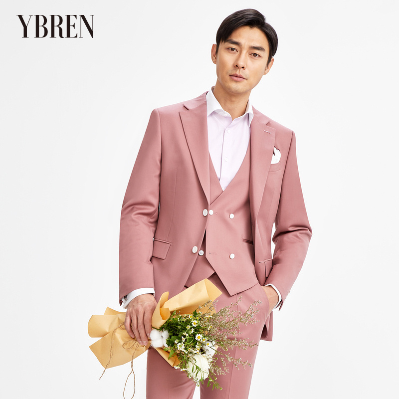 粉色斜纹平驳领纯羊毛商务西服套装三件套